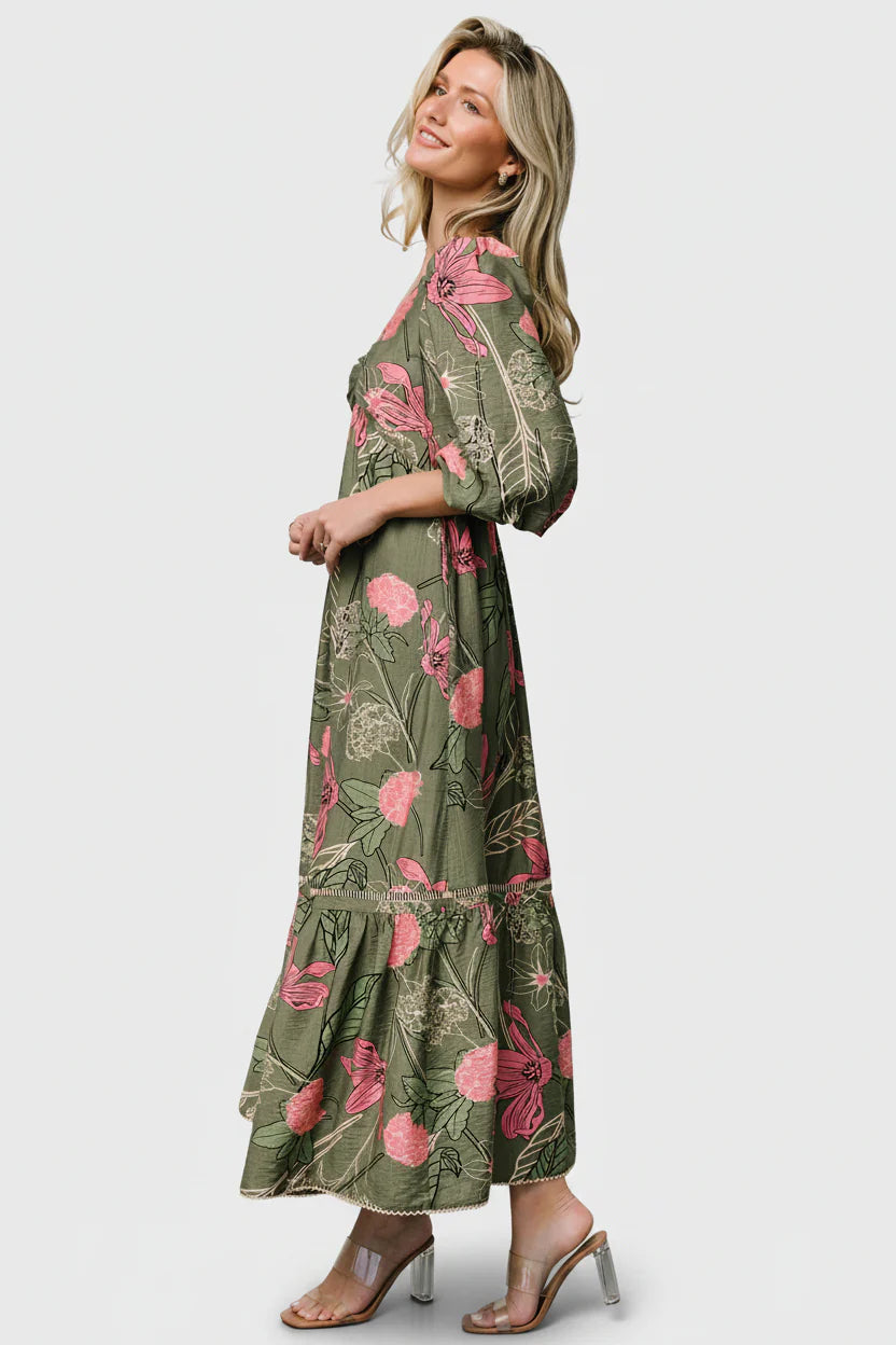 Lonna Dress | Olive + Fuschia Floral