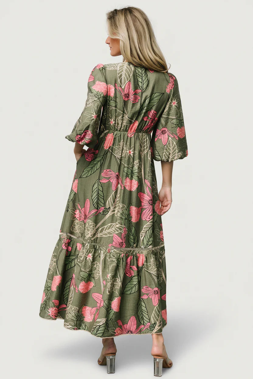 Lonna Dress | Olive + Fuschia Floral