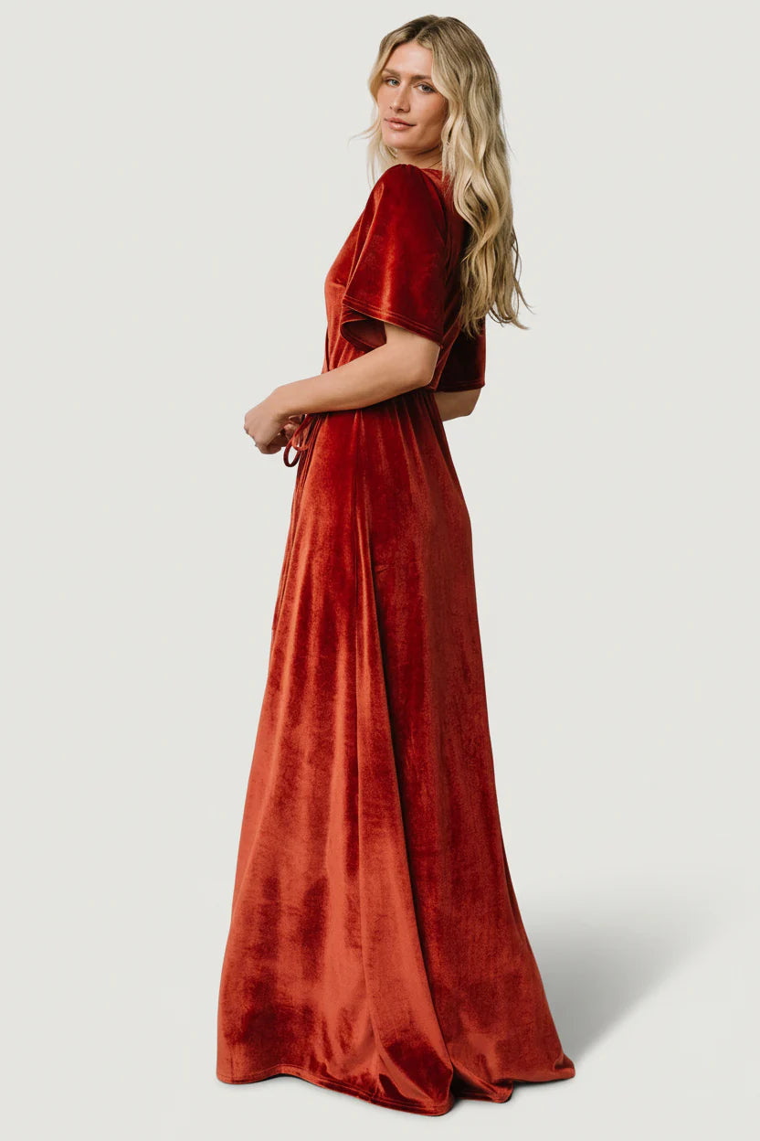 Meghan Velvet Wrap Maxi Dress | Terracotta