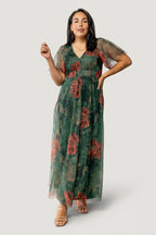 Cressida Tulle Maxi Dress | Dark Green + Red Floral