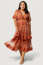 Lotte Embroidered Midi Dress | Rust