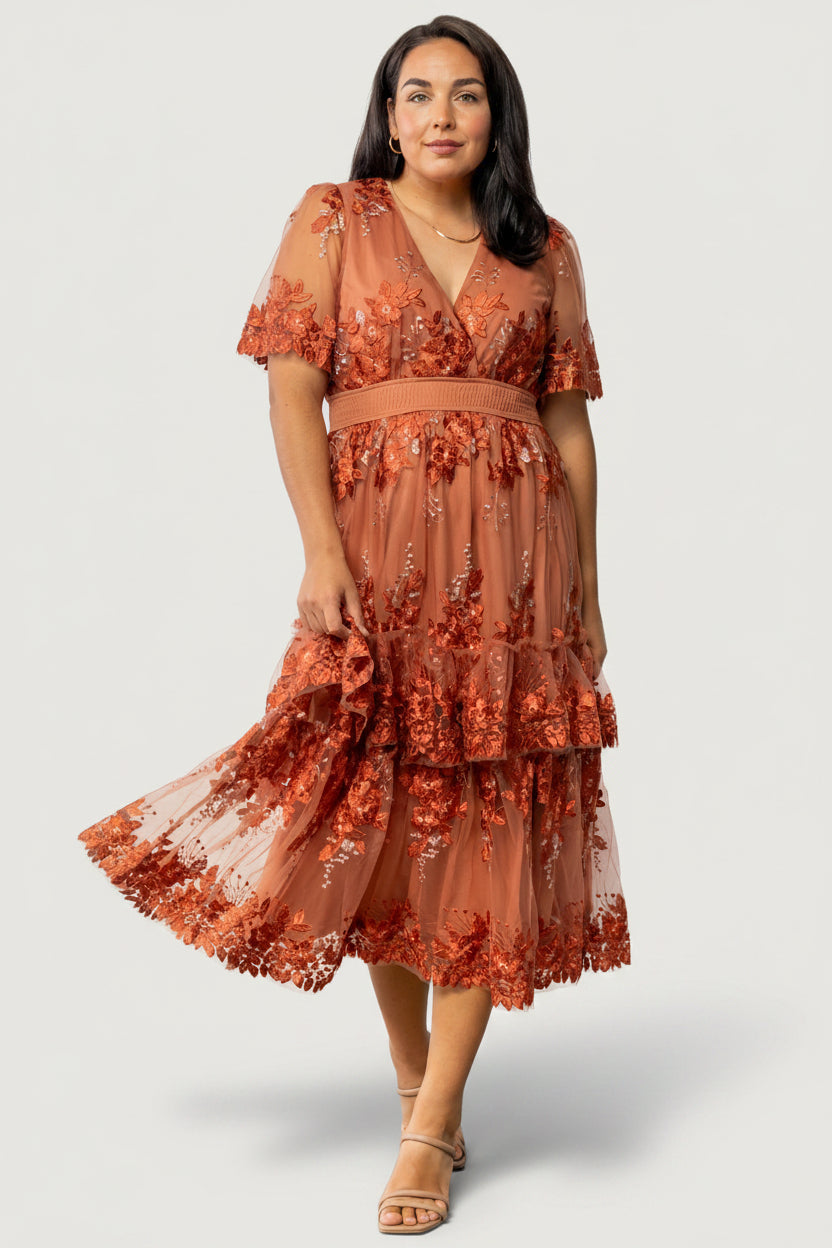 Lotte Embroidered Midi Dress | Rust