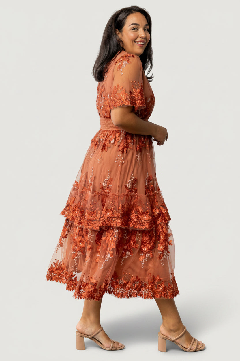 Lotte Embroidered Midi Dress | Rust