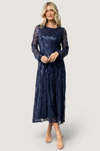 Kalla Sequin Midi Dress | Navy