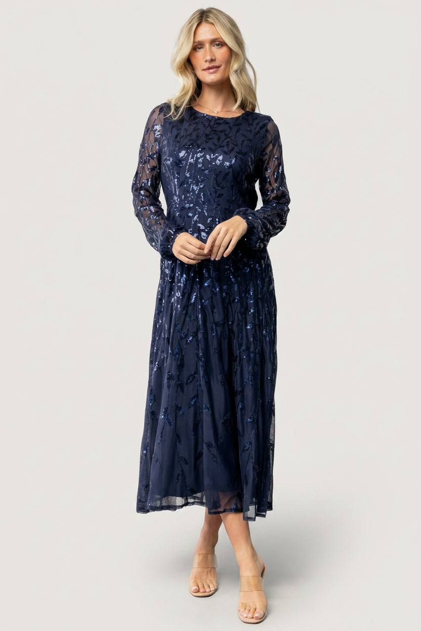 Kalla Sequin Midi Dress | Navy