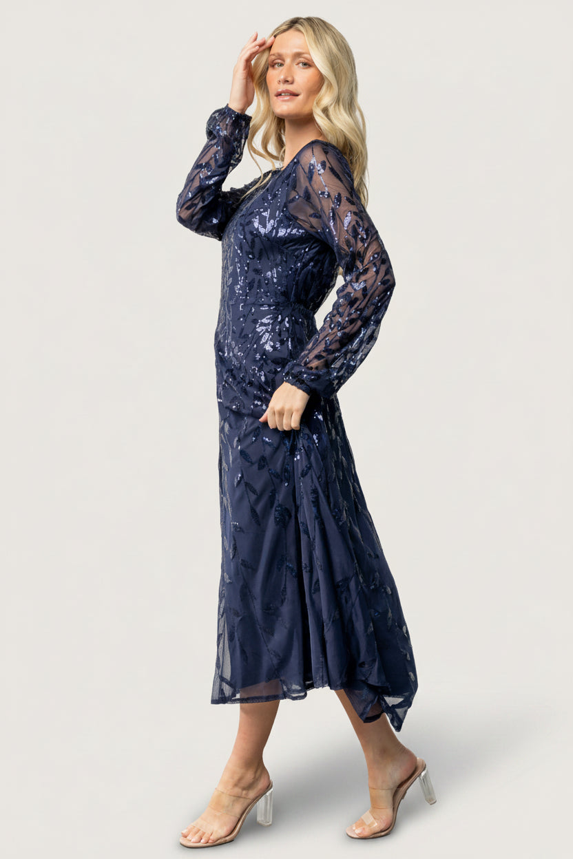 Kalla Sequin Midi Dress | Navy