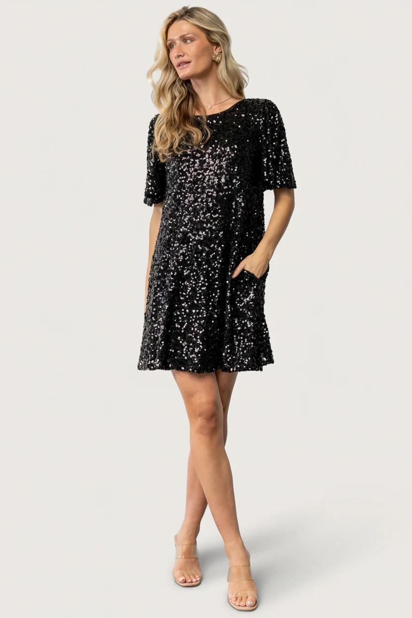 Asta Sequin Shift Dress | Black
