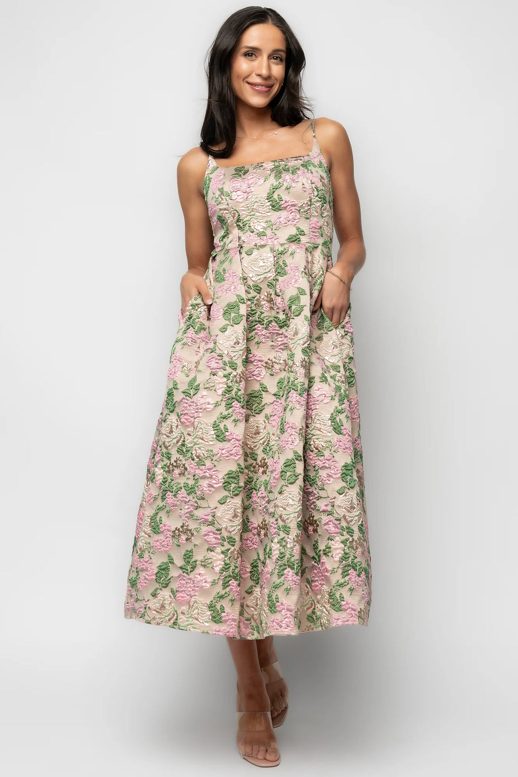 Antoinette Embossed Midi Dress | Champagne Multi Floral