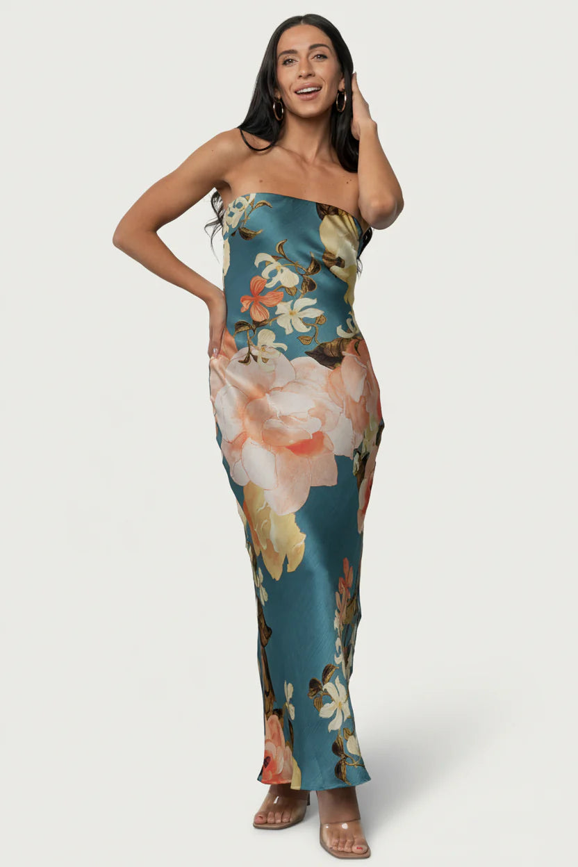 Hermosa Strapless Maxi Dress | Teal Multi Floral