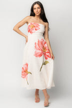 Genesis Strapless Midi Dress | White + Pink Floral