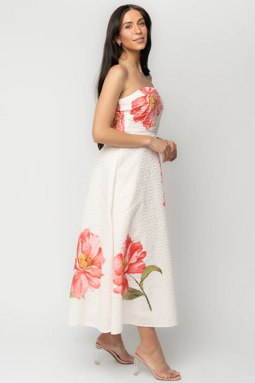 Genesis Strapless Midi Dress | White + Pink Floral