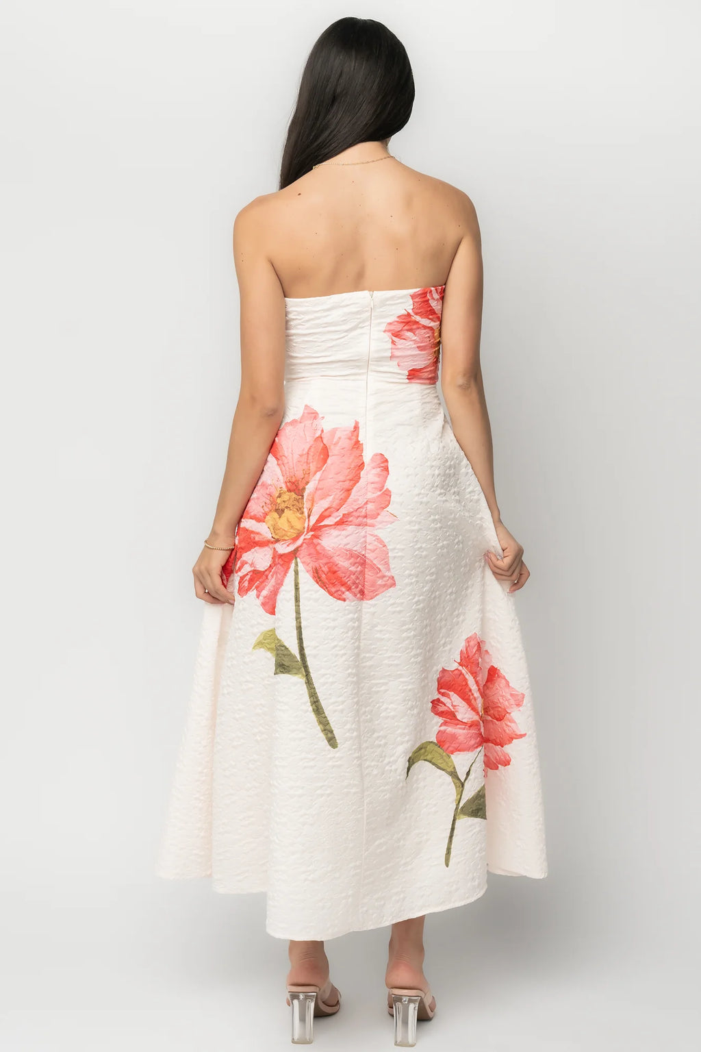 Genesis Strapless Midi Dress | White + Pink Floral