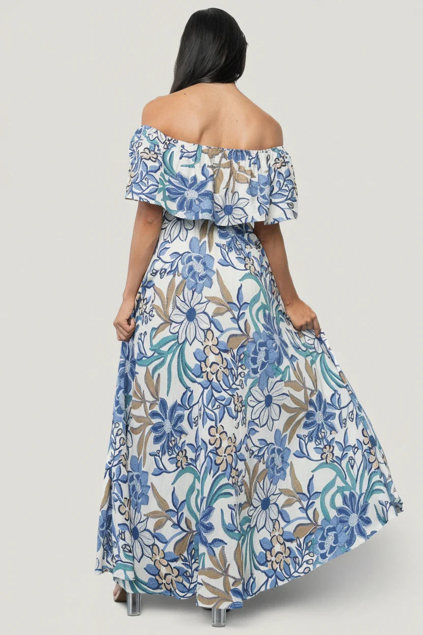 Valentina Off Shoulder Maxi Dress | Cream + Blue Multi