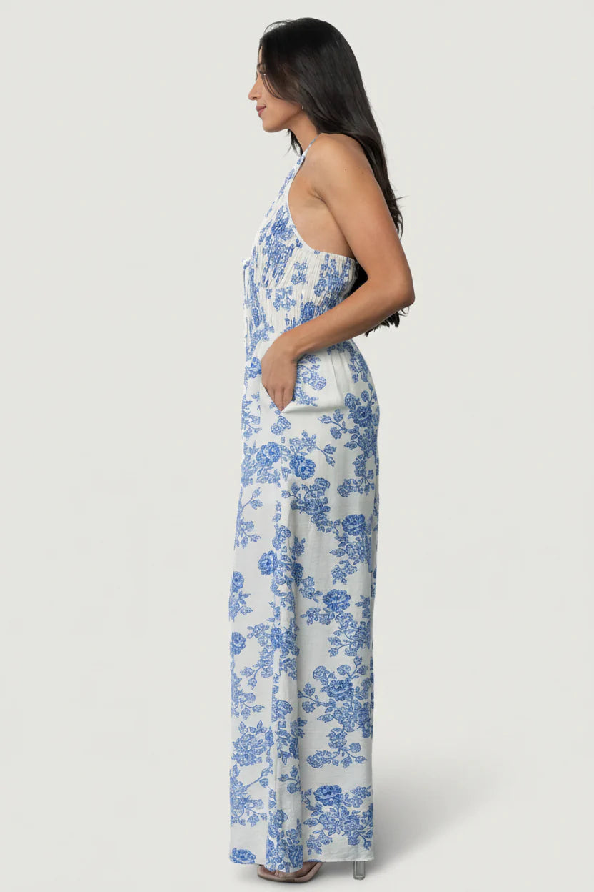 Promesa Halter Jumpsuit | Blue Floral