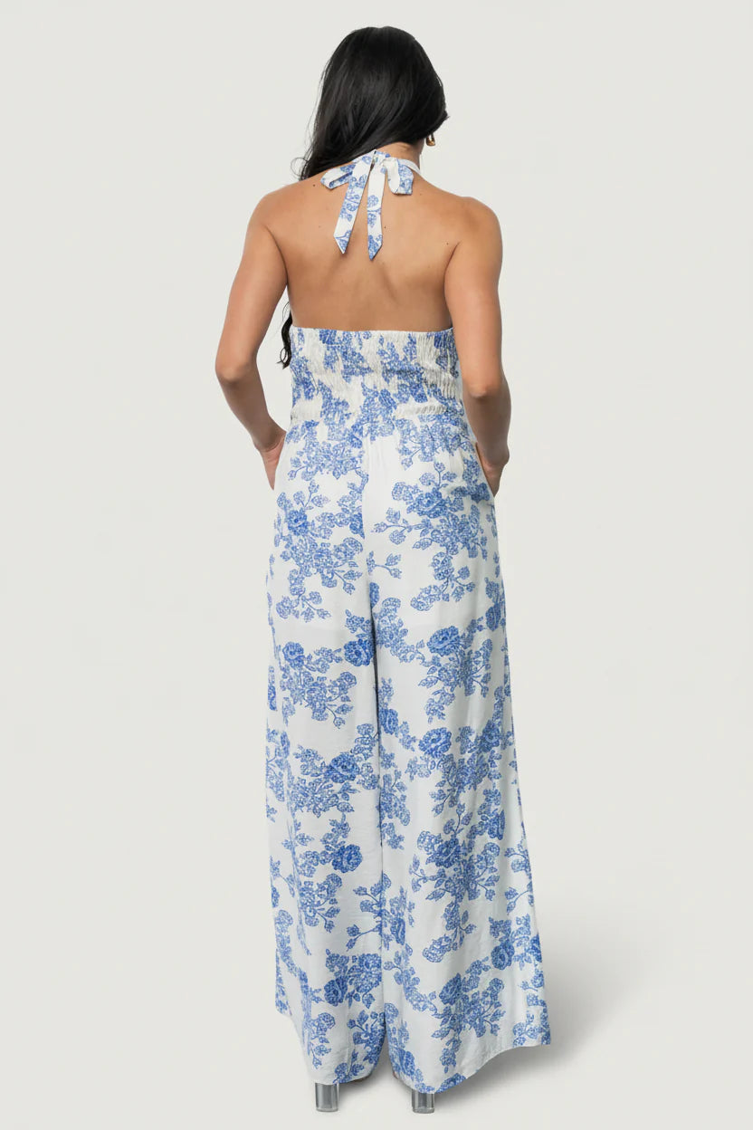 Promesa Halter Jumpsuit | Blue Floral