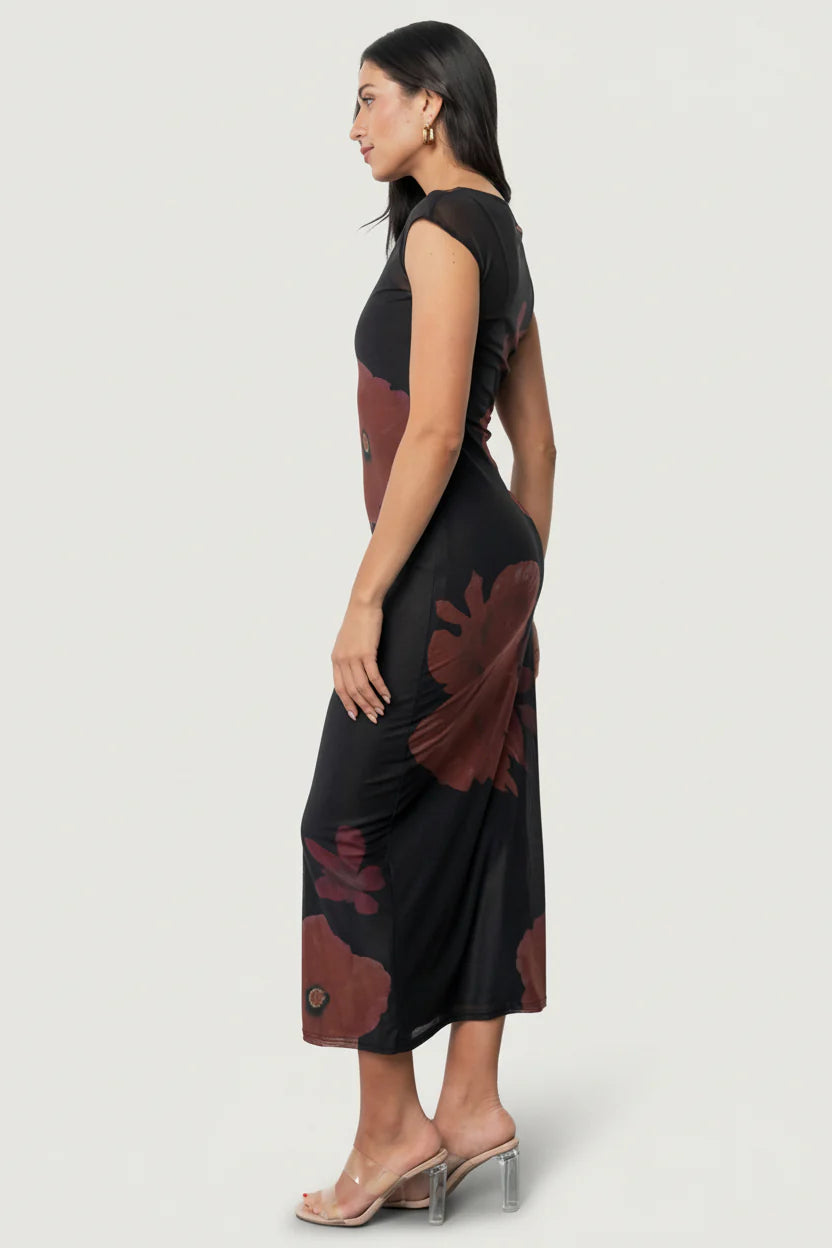 Daniela Mesh Midi Dress | Black Floral
