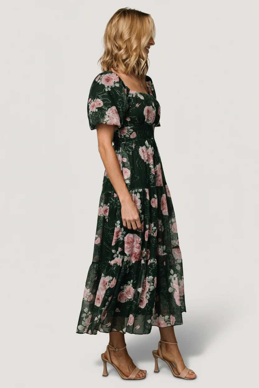 Annabeth Midi Dress | Dark Green + Pink