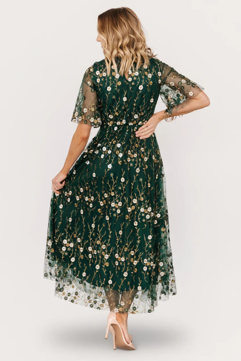 Arabella Embroidered Tulle Maxi Dress | Dark Green Floral