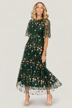 Arabella Embroidered Tulle Maxi Dress | Dark Green Floral