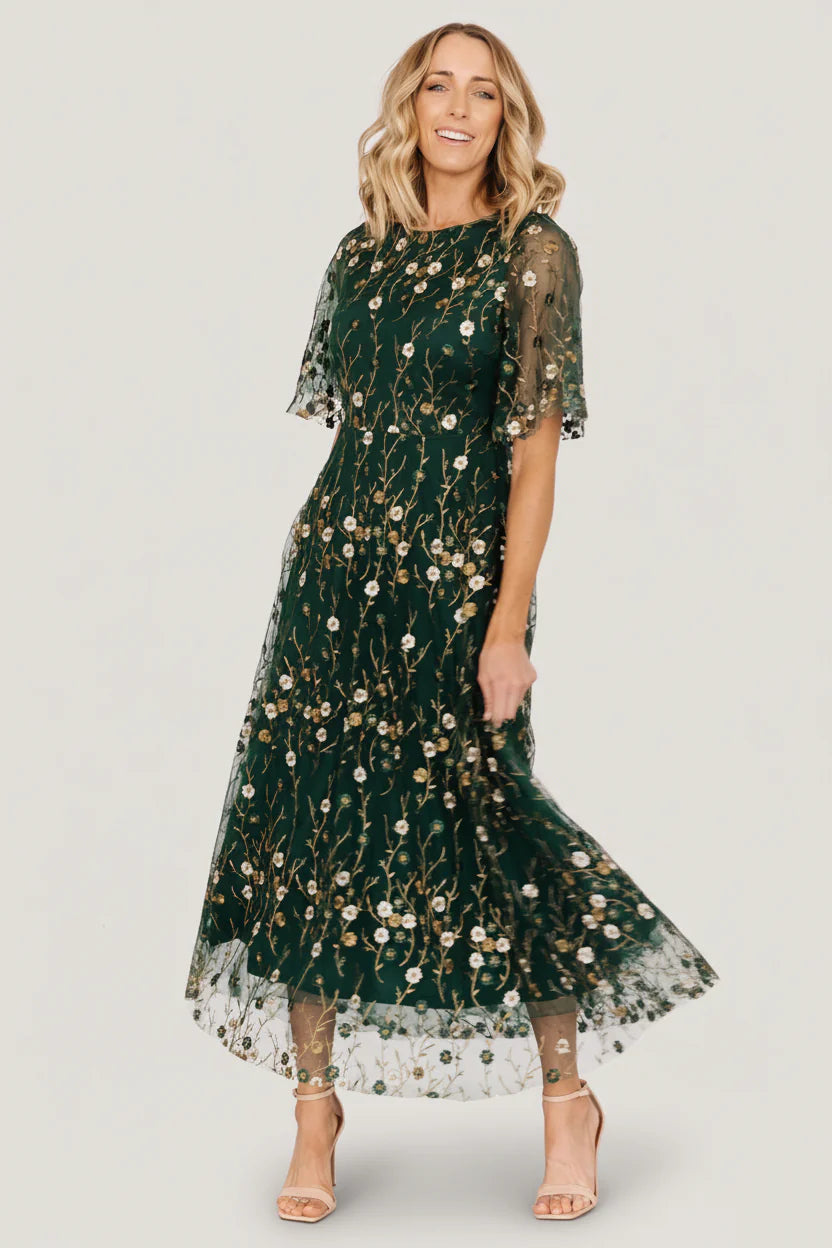 Arabella Embroidered Tulle Maxi Dress | Dark Green Floral