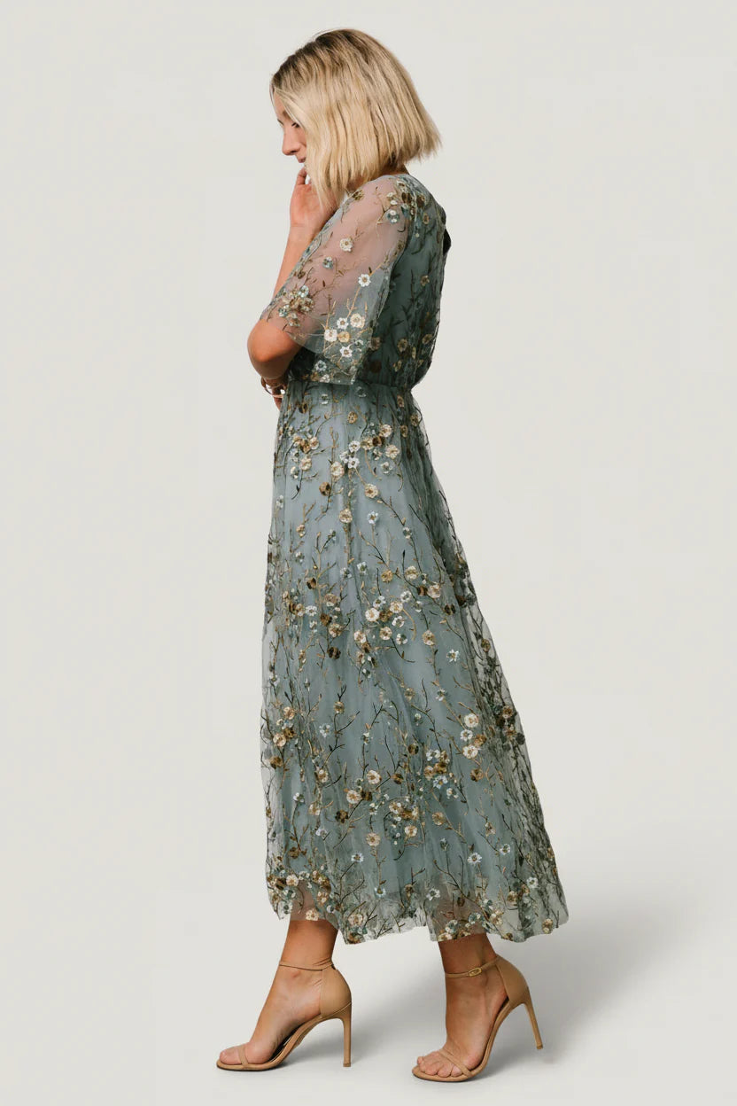 Arabella Embroidered Tulle Maxi Dress | Dusty Blue Floral
