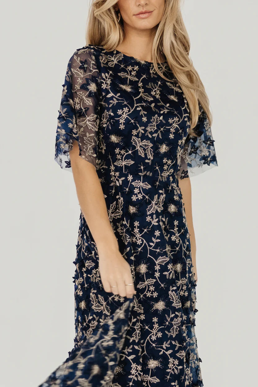 Arabella Embroidered Tulle Maxi Dress | Navy + Gold