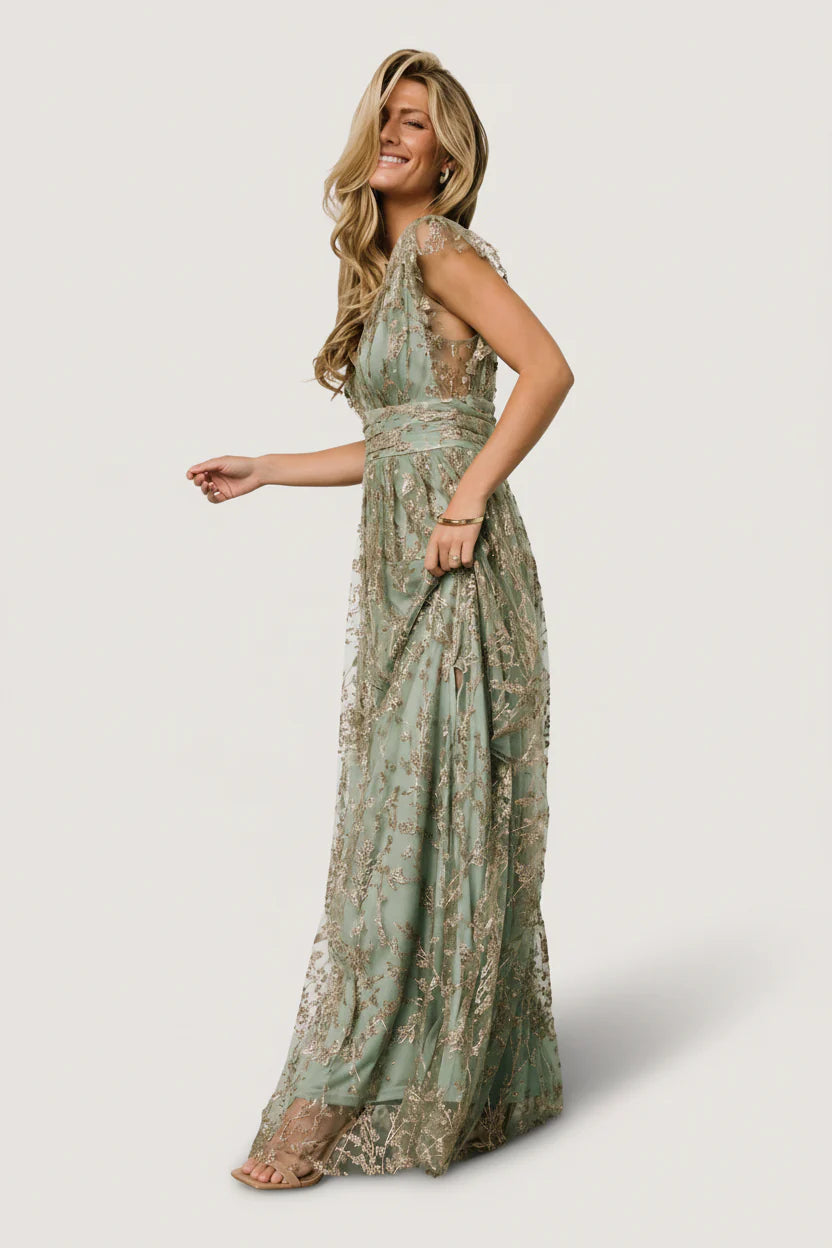 Arlene Shimmer Gown | Sage + Gold