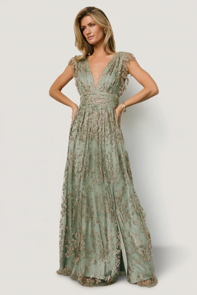 Arlene Shimmer Gown | Sage + Gold