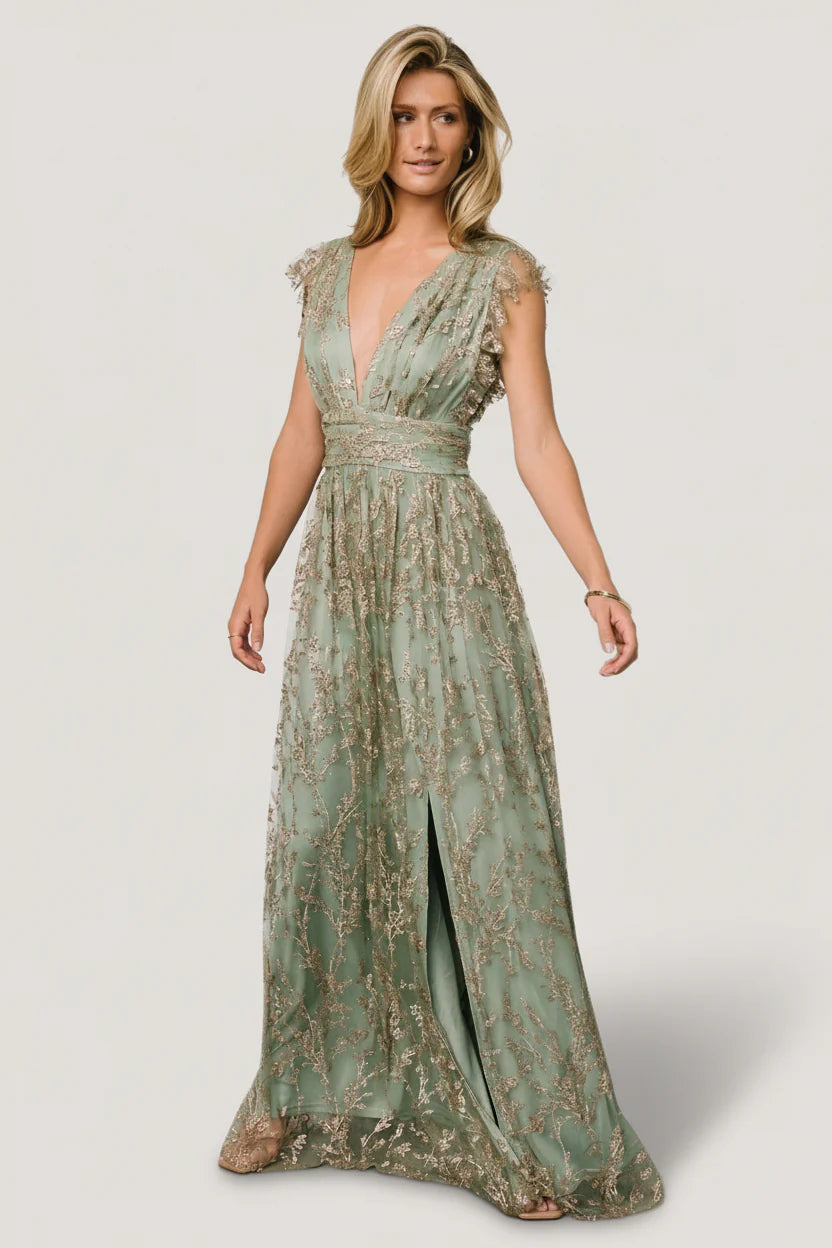 Arlene Shimmer Gown | Sage + Gold