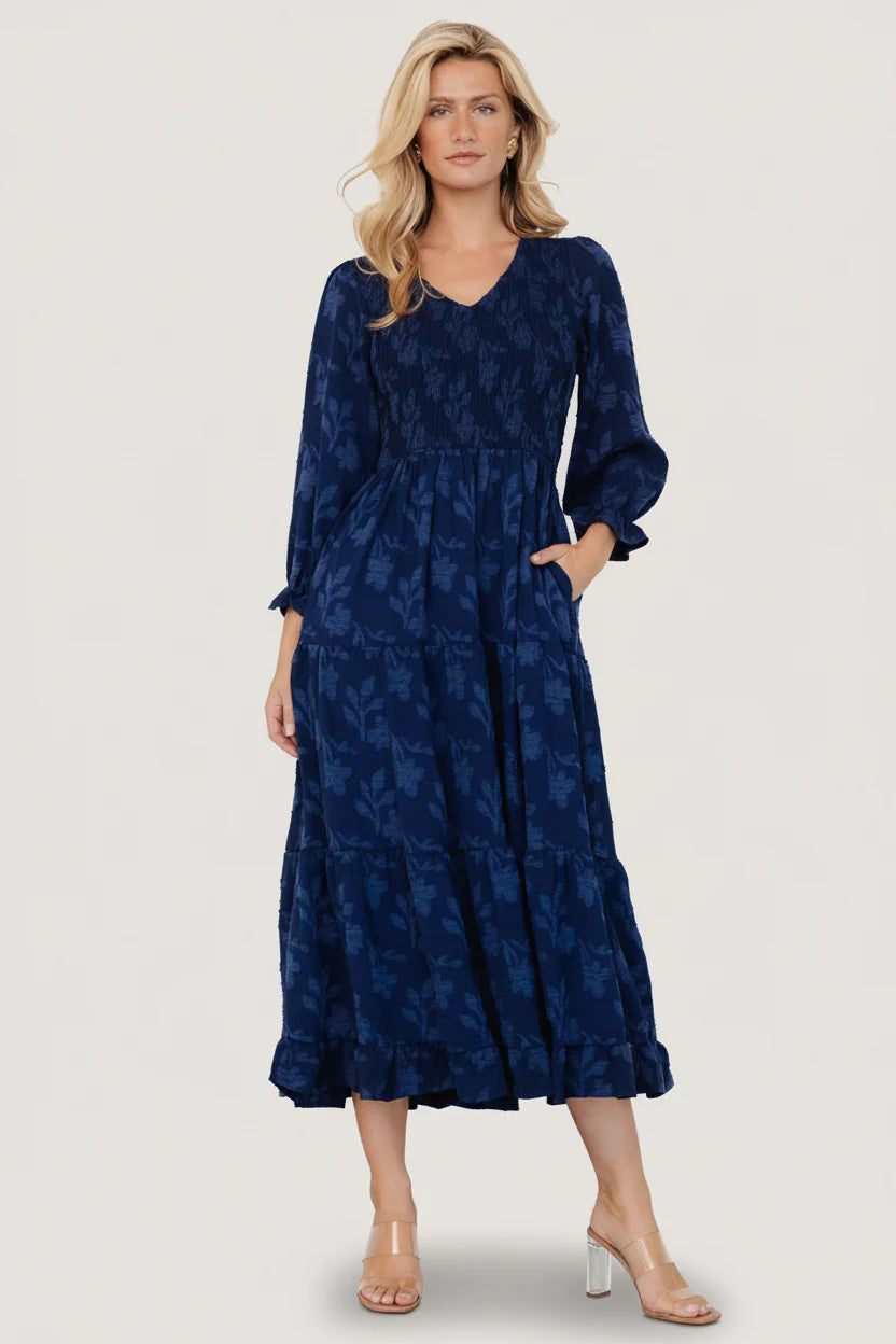 Aubrey Smocked Midi Dress | Navy Floral