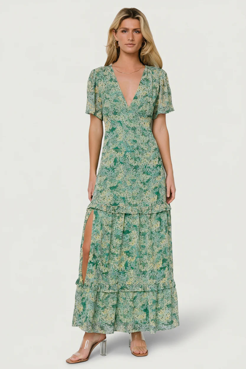 Audrey Deep V Maxi Dress | Green Floral
