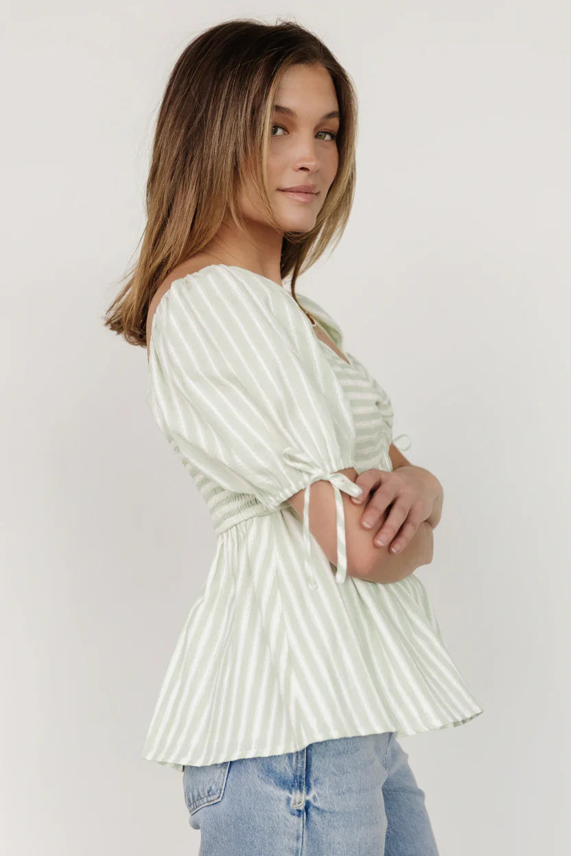 Betsy Peplum Top | Green+ White Stripe