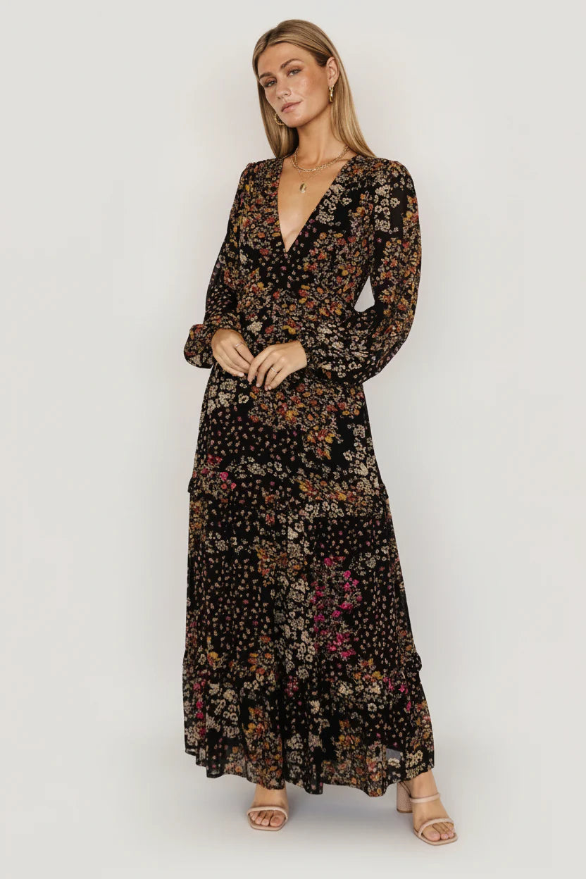 Bowman Deep V Maxi Dress | Black Multi