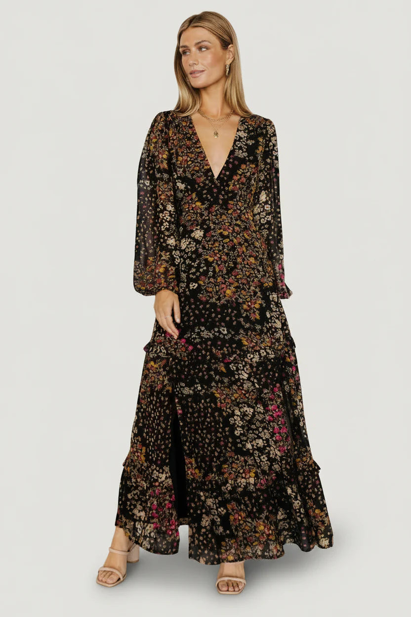 Bowman Deep V Maxi Dress | Black Multi
