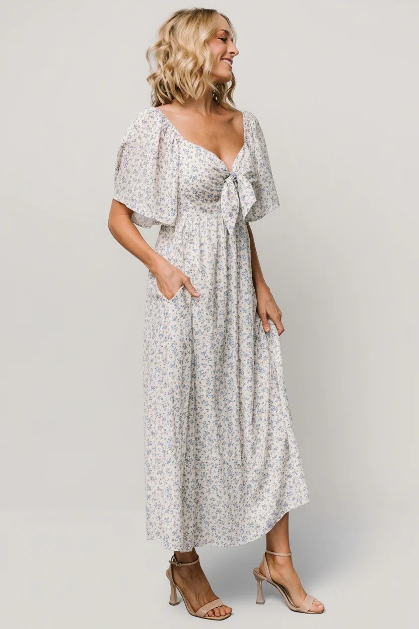 Carah Tie Dress | Off White + Blue Floral