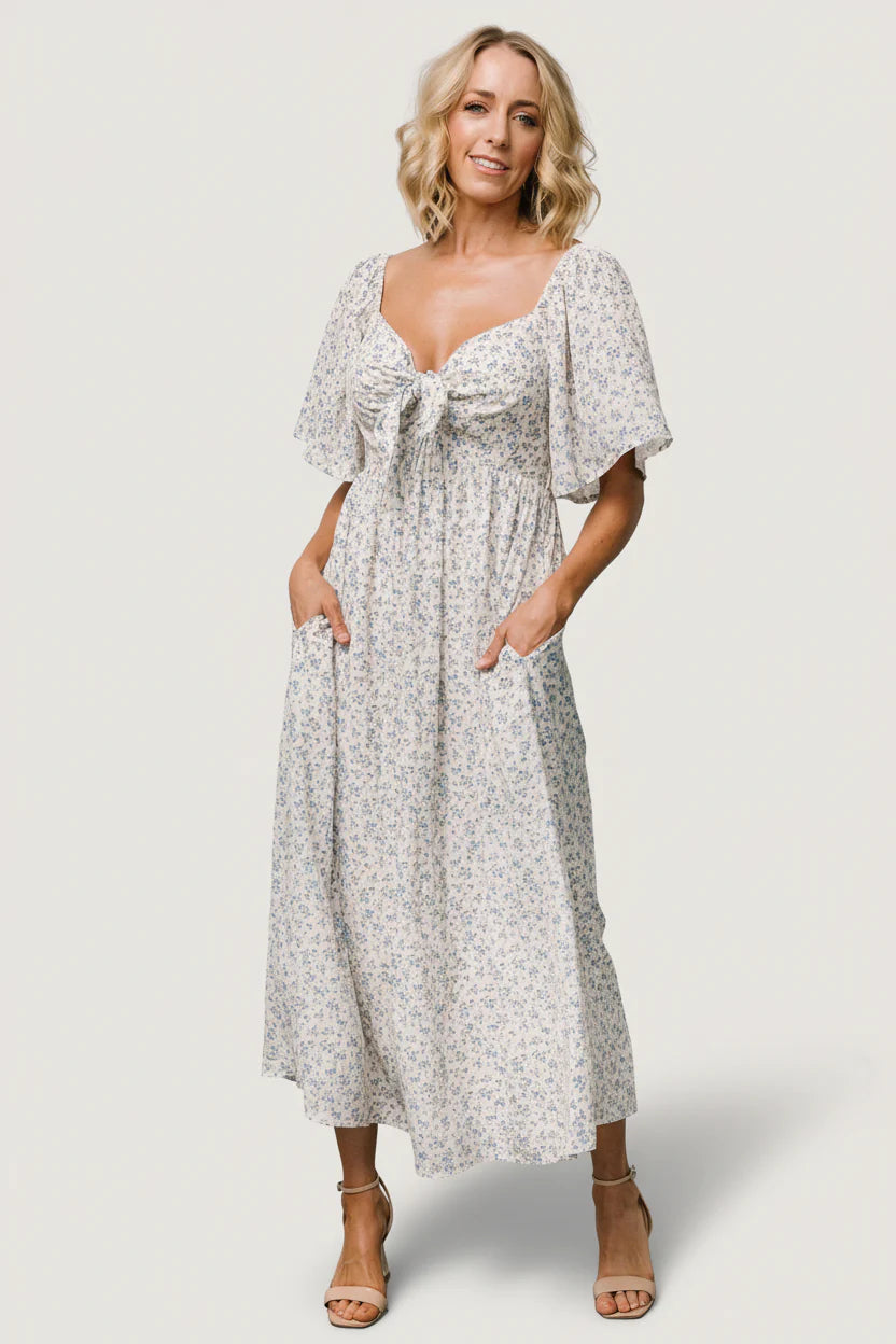 Carah Tie Dress | Off White + Blue Floral