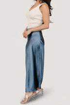 Celeste Satin Midi Skirt | Steel Blue