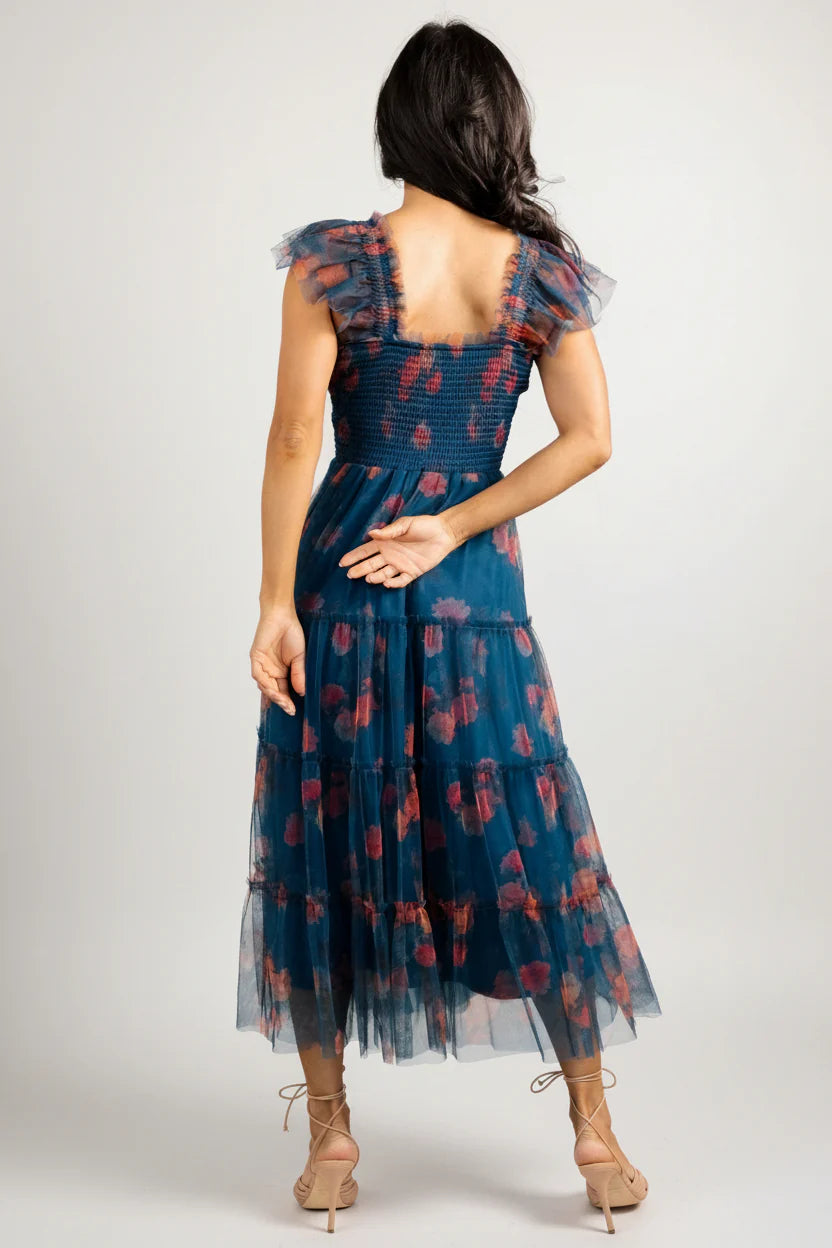 Clementine Tulle Midi Dress | Persian Blue + Rust