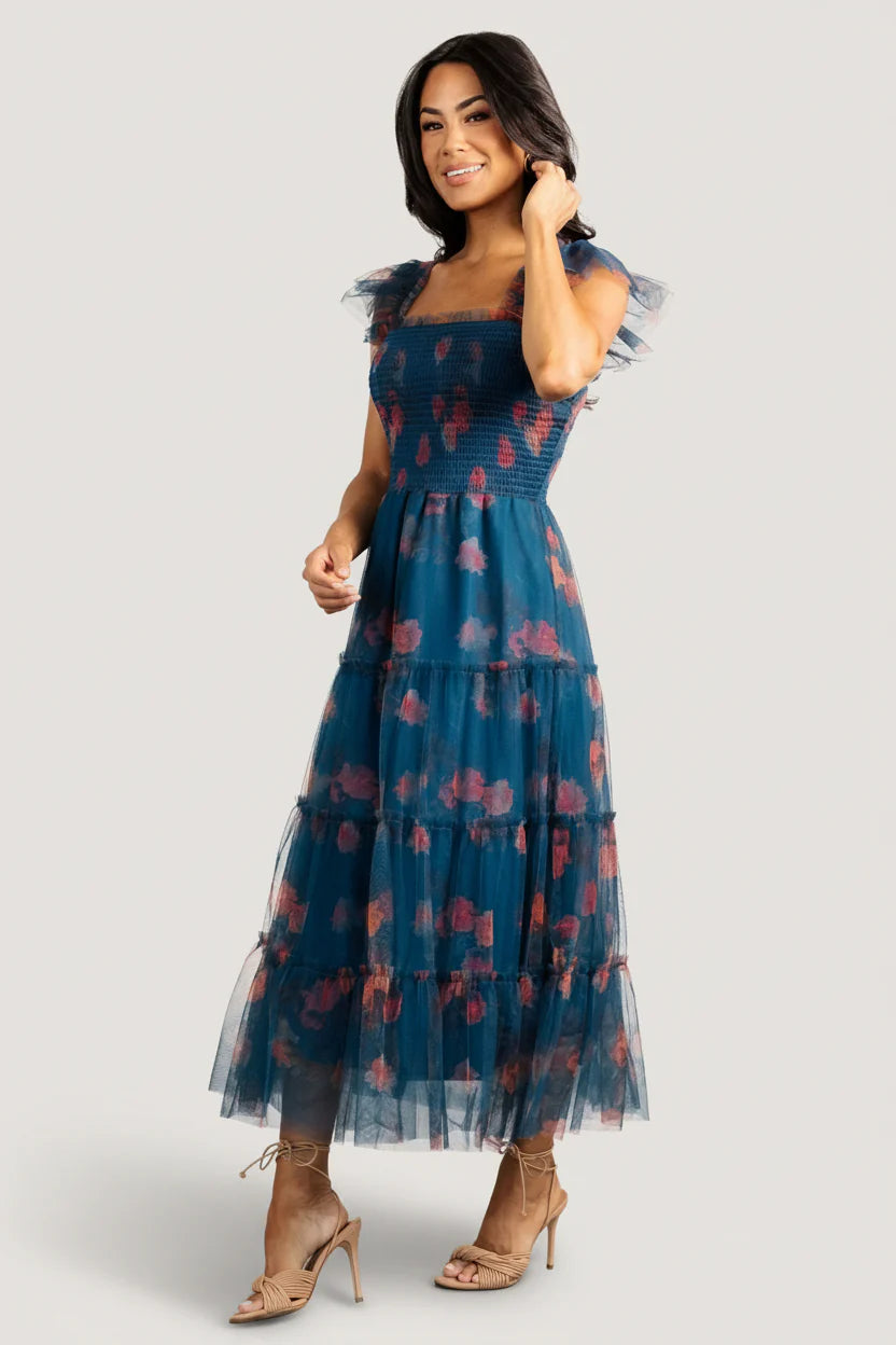 Clementine Tulle Midi Dress | Persian Blue + Rust