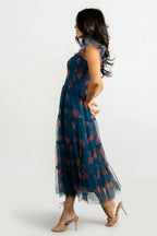 Clementine Tulle Midi Dress | Persian Blue + Rust