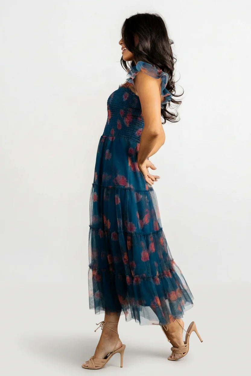 Clementine Tulle Midi Dress | Persian Blue + Rust