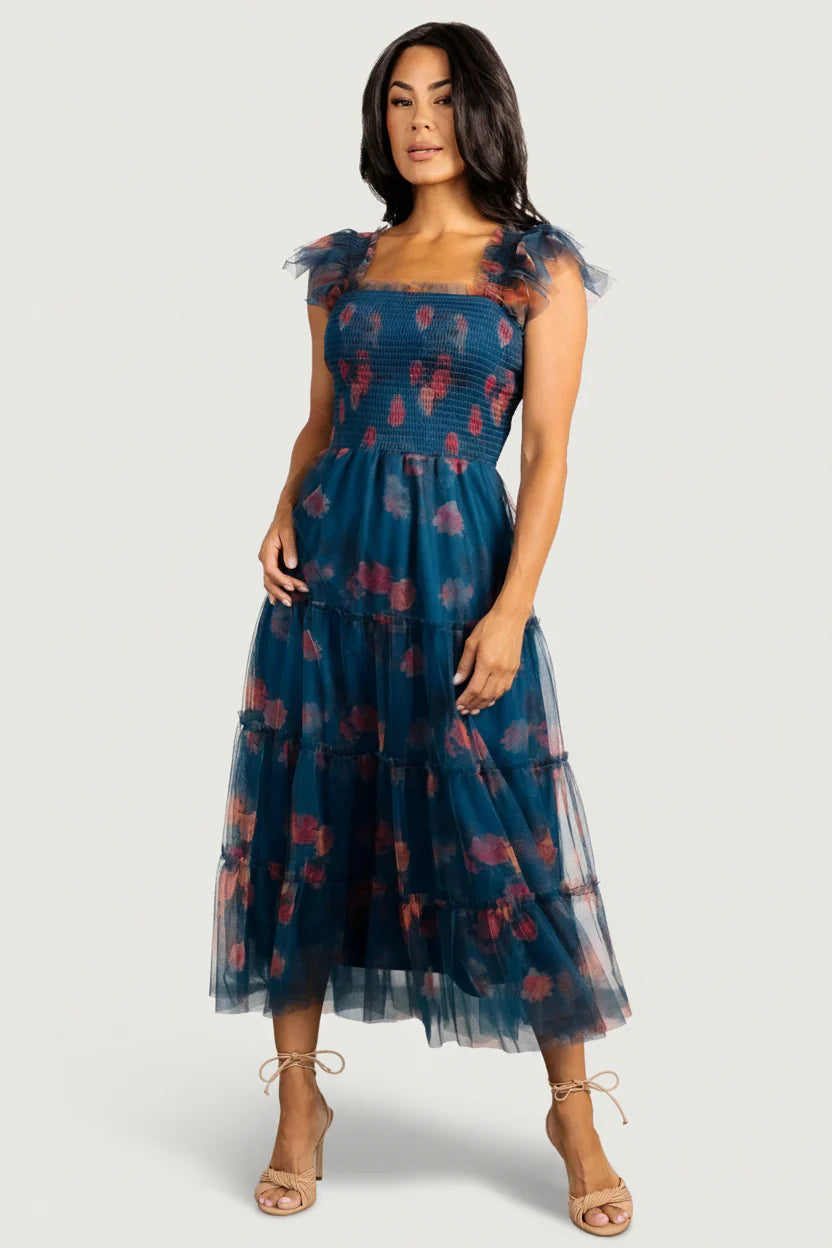 Clementine Tulle Midi Dress | Persian Blue + Rust
