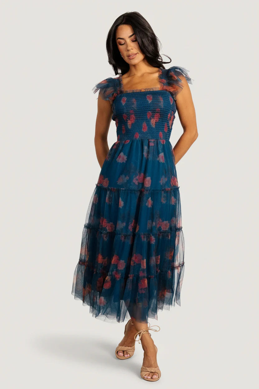 Clementine Tulle Midi Dress | Persian Blue + Rust