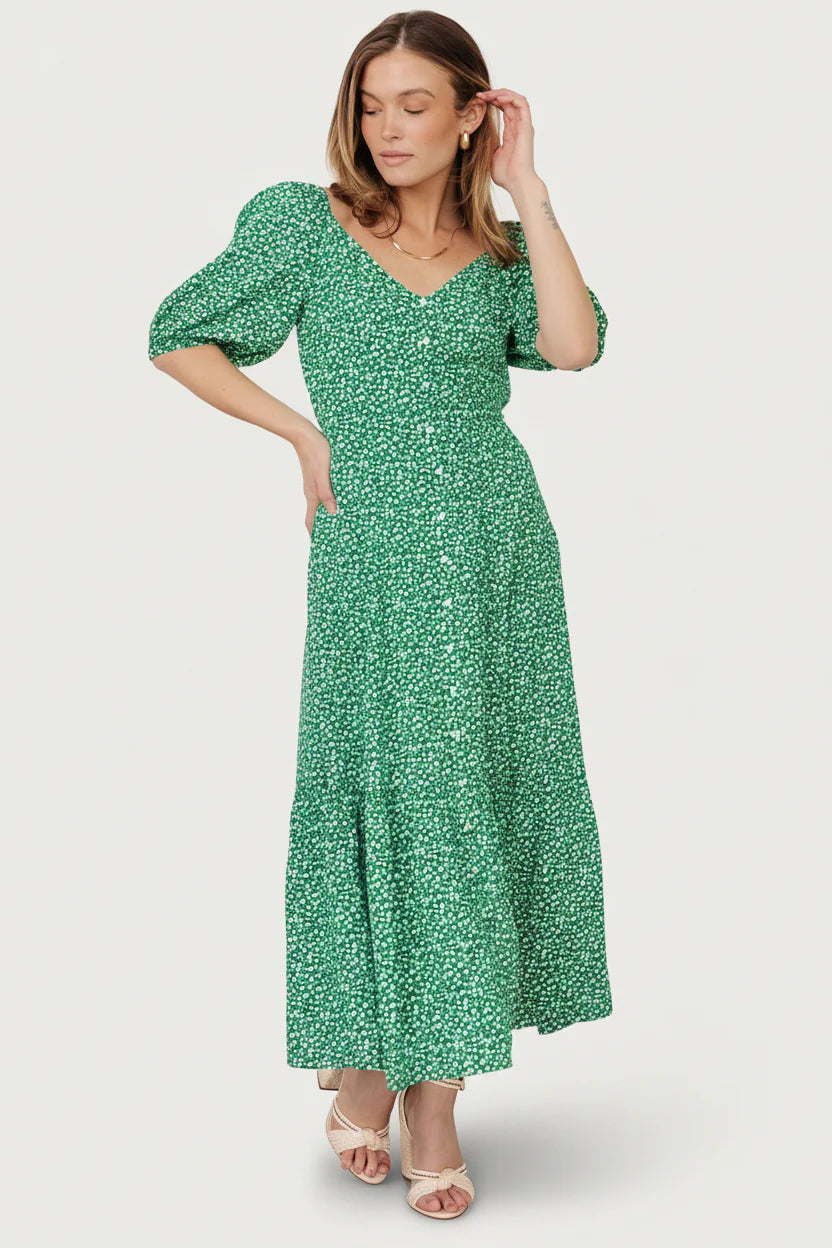 Elisabeth Button Dress | Green Floral