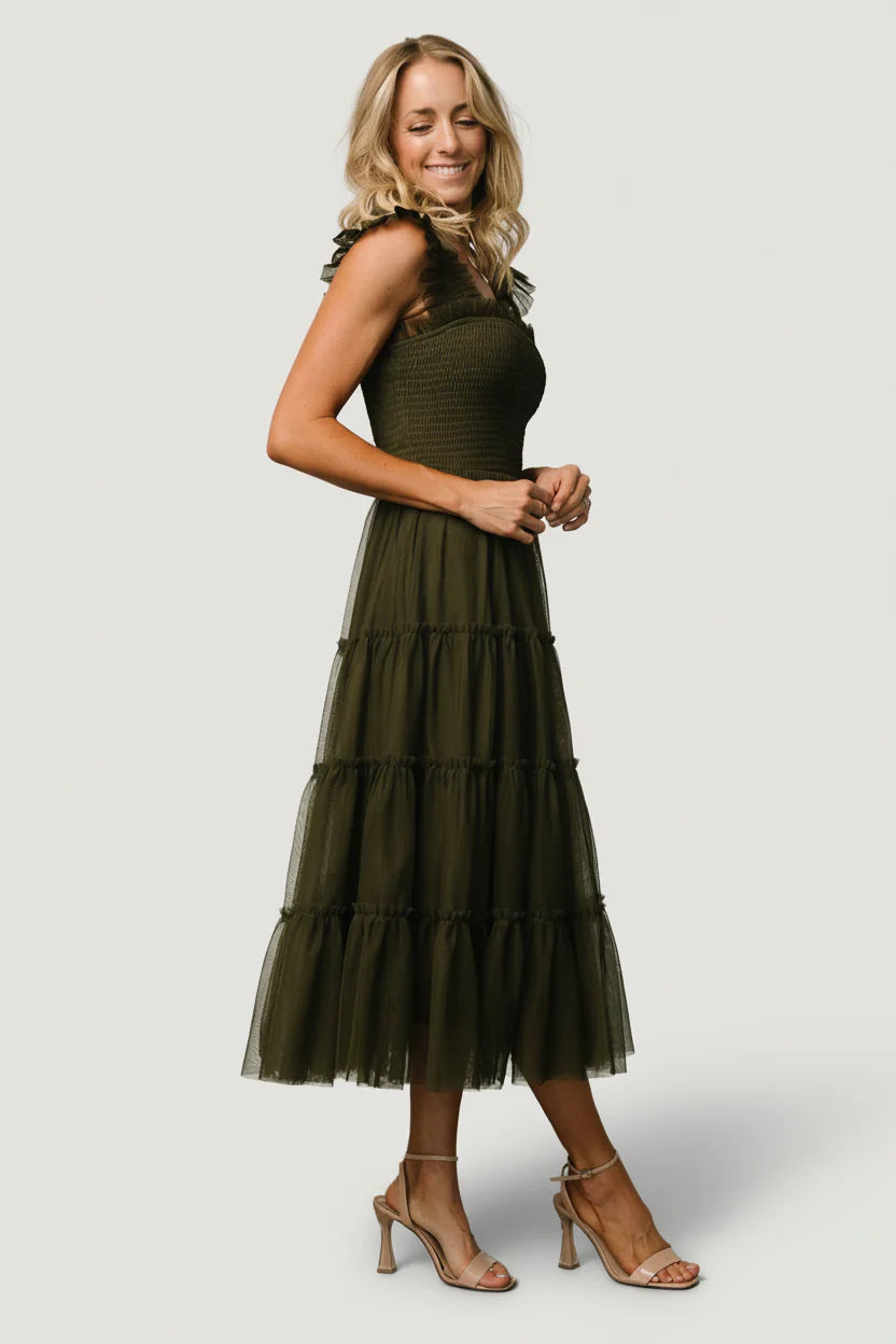 Emma Smocked Tulle Dress | Dark Olive