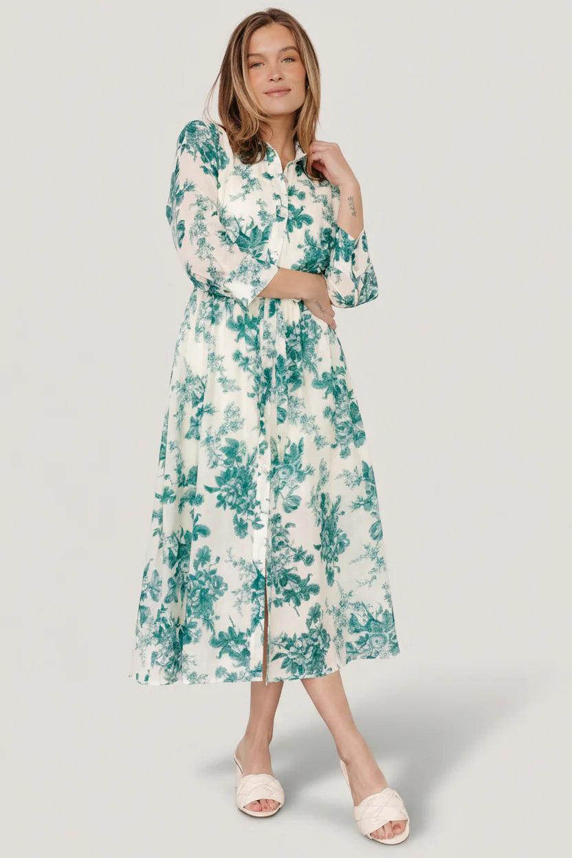 Eunice Button Midi Dress | Cream + Green Floral