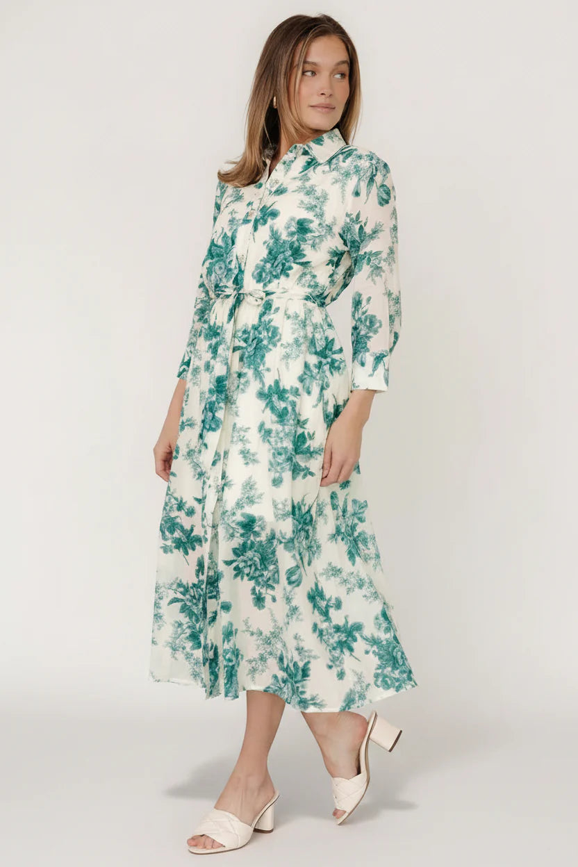 Eunice Button Midi Dress | Cream + Green Floral