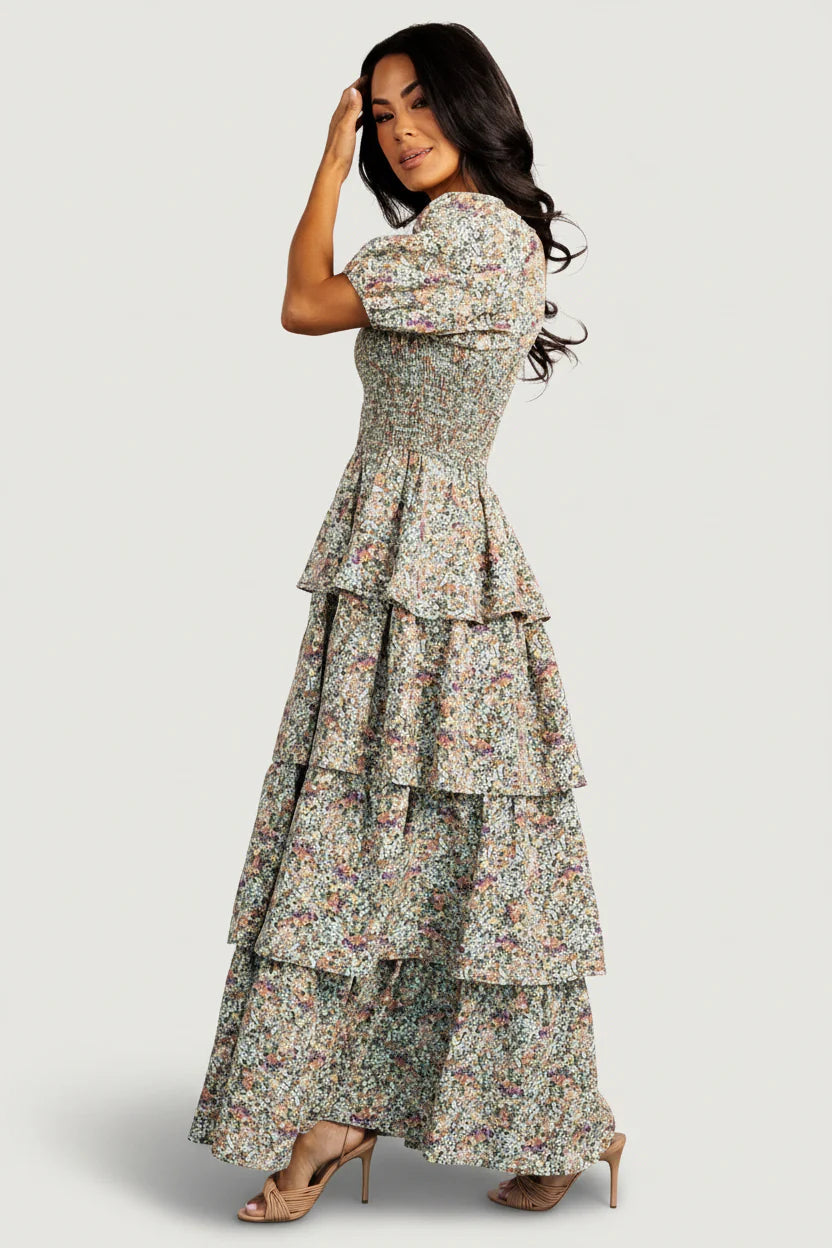 Felicia Tiered Maxi Dress | Green Multi