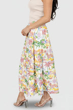 Gigi Button Midi Skirt | Off White + Multi Print