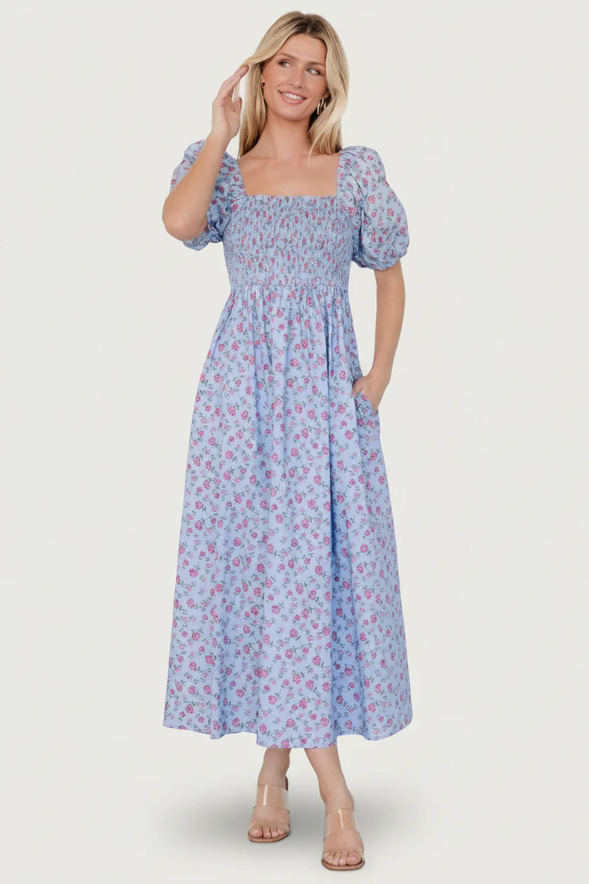 Haddie Smocked Midi Dress | Light Blue + Rose Floral